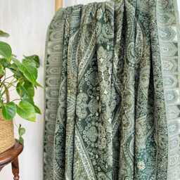 Merino Boiled Pure Wool Handmade Sofa/Bed Hygge Lounge Warm Cosy Paisley Persian Elegant Jamavar Throw Vibrant Colours Rich Green Teal Cream - thumbnail 3