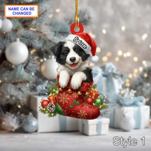 Custom Name Dog in Stocking Border Collie Personalized Ornament, Christmas Hanging Decor, 2D Flat Acrylic Ornament Holiday Gift - image 1