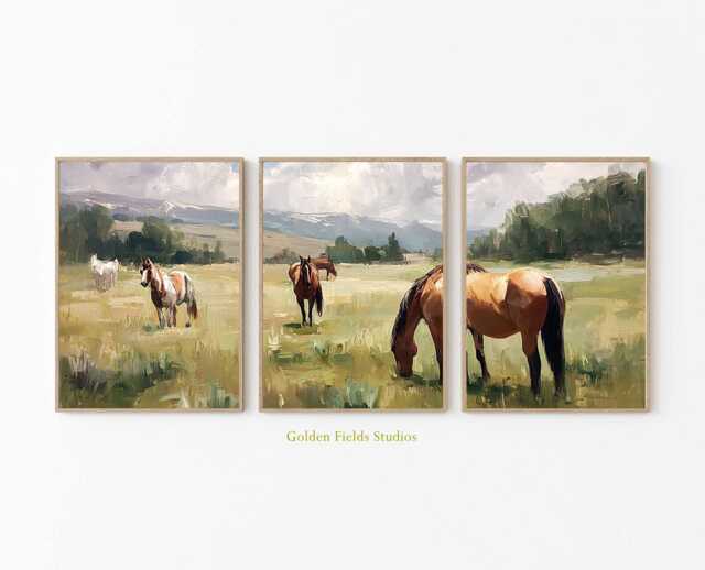 Horse Landscape Art Print Set Farmhouse Western Decor - image 1