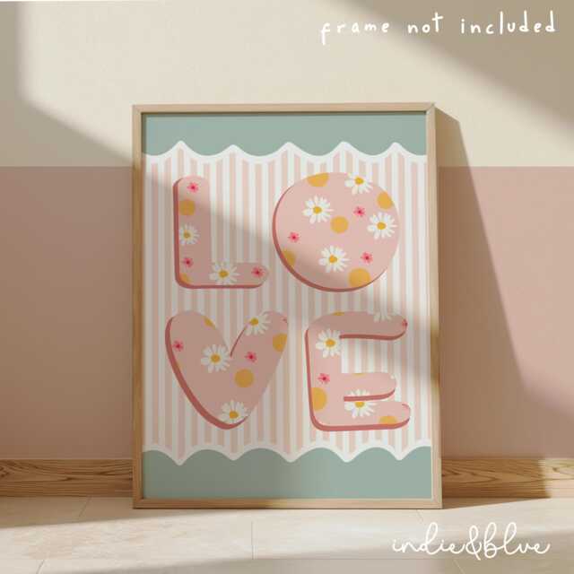 Love Print in Pink & Turquoise, Flower Girl Bedroom Wall Art Print, Pastel Nursery Decor, Scandi Nursery, Teen - image 1
