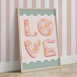 Love Print in Pink & Turquoise, Flower Girl Bedroom Wall Art Print, Pastel Nursery Decor, Scandi Nursery, Teen - thumbnail 3