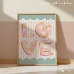 Love Print in Pink & Turquoise, Flower Girl Bedroom Wall Art Print, Pastel Nursery Decor, Scandi Nursery, Teen - thumbnail 1