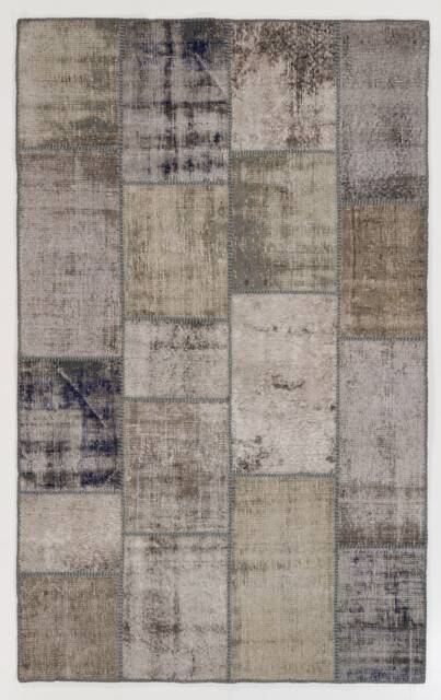 5'x8' Faded Gray & Light Brown Handmade Turkish Patchwork Rug With Shades Of Blue - image 1