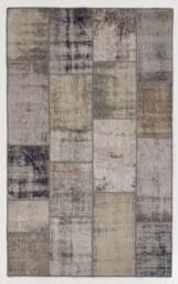 5'x8' Faded Gray & Light Brown Handmade Turkish Patchwork Rug With Shades Of Blue - thumbnail 1