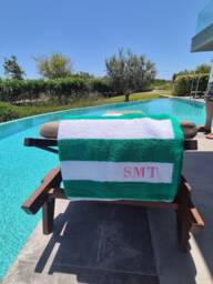 Personalised Embroidered Beach Towel, Swimming Green, Blue, Red, Orange & Grey. Add Initials Or Name. Customised