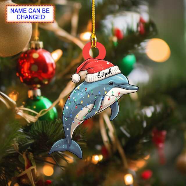 Custom Name Cute Dolphin Xmas Personalized Ornament, Christmas Tree Hanging Decor, Flat 2D Lovers - image 1