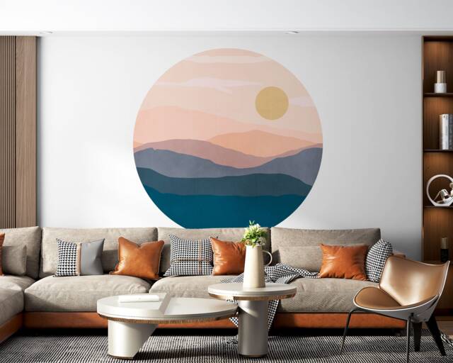 Mountain Sunset Circle Wall Decal - Boho Chic Decor, Removable Fabric Peel & Stick Nature Scene, Vibrant Art For Home, Office Decor - image 1