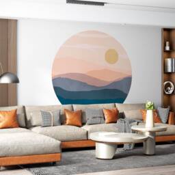 Mountain Sunset Circle Wall Decal - Boho Chic Decor, Removable Fabric Peel & Stick Nature Scene, Vibrant Art For Home, Office Decor - thumbnail 2