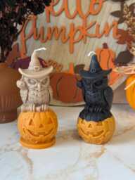 Halloween Owl Candle Witch Hat On Jack O'lantern Pumpkin