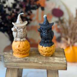 Halloween Owl Candle Witch Hat On Jack O'lantern Pumpkin - thumbnail 3