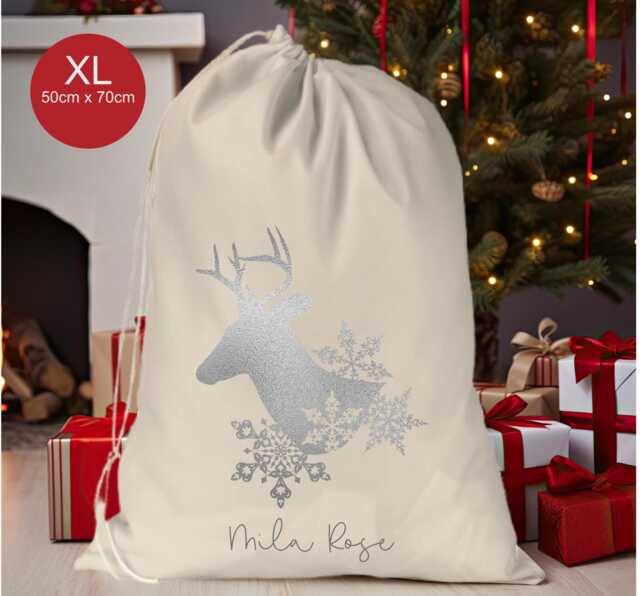 Personalised Xl Drawstring Christmas Sack/stocking.. Silver Grey Deer..xmas Present Sack Gift Bag.. Unisex - image 1
