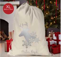 Personalised Xl Drawstring Christmas Sack/stocking.. Silver Grey Deer..xmas Present Sack Gift Bag.. Unisex