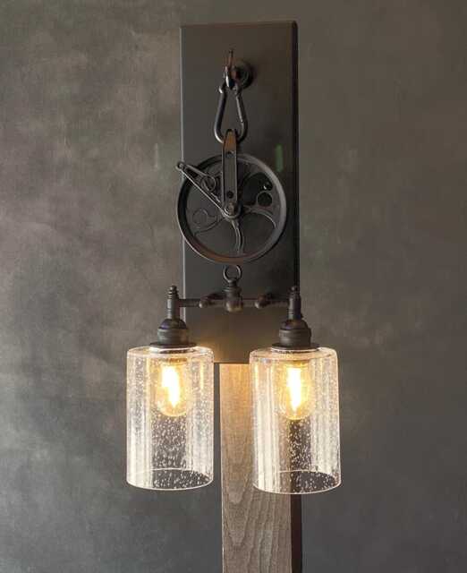 The Lauderdale - Recycled Glass Bottle Pulley Wheel Wall Sconce, Industrial Light, Farmhouse Rustic Wall Pulley Light - image 1