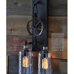 The Lauderdale - Recycled Glass Bottle Pulley Wheel Wall Sconce, Industrial Light, Farmhouse Rustic Wall Pulley Light - thumbnail 2