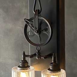 The Lauderdale - Recycled Glass Bottle Pulley Wheel Wall Sconce, Industrial Light, Farmhouse Rustic Wall Pulley Light - thumbnail 3