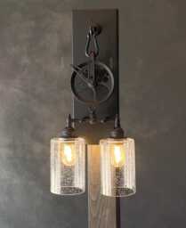 The Lauderdale - Recycled Glass Bottle Pulley Wheel Wall Sconce, Industrial Light, Farmhouse Rustic Wall Pulley Light