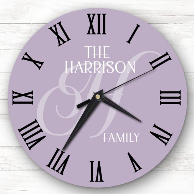 Lavender Lilac Purple Family Name Initial Personalised Gift Clock - image 1