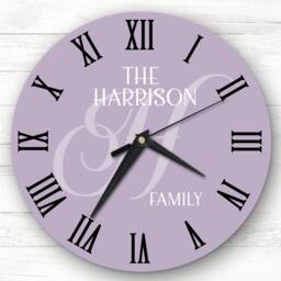 Lavender Lilac Purple Family Name Initial Personalised Gift Clock - thumbnail 1