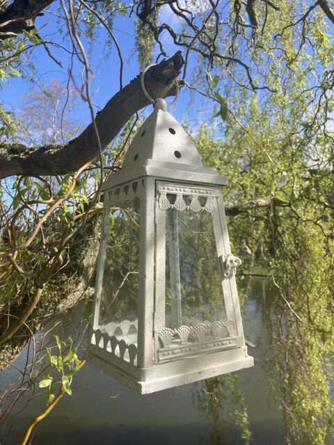 Hanging White Metal/Glass Square Lantern Garden Indoor Ornament - image 1