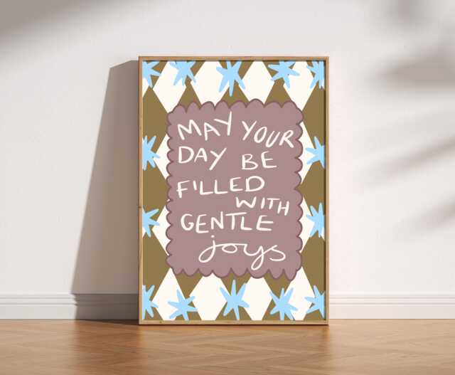 May Your Day Be Filled With Gentle Joys Print - Handdrawn Retro Affirmation Art, Whimsical Poster, Cute Mid Century Harlequin Diamond Decor - image 1