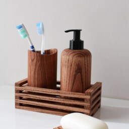 Wood Bathroom Organizer Set/Soap Dispenser Toothbrush Holder Wooden Soap Saver Bathroom Accessories Set - thumbnail 3