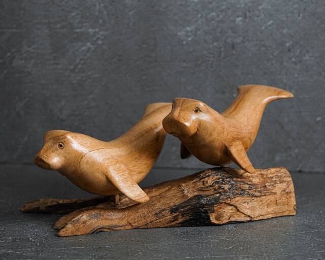Hand Carved Wooden Manatee Couple Sculpture Rustic Home Decor, 9.4 - image 1
