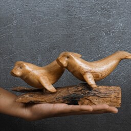 Hand Carved Wooden Manatee Couple Sculpture Rustic Home Decor, 9.4 - thumbnail 4