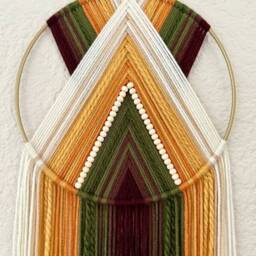 Yellow & Green Yarn Hoop Wall Hanging, Macrame Retro Art, Modern Boho Decor, Dorm Handmade Hangings - thumbnail 3