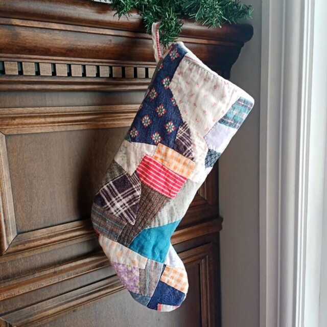 Shabby Quilted Stocking, Christmas Stocking From Vintage Crazy Patch Quilt - image 1
