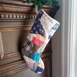 Shabby Quilted Stocking, Christmas Stocking From Vintage Crazy Patch Quilt - thumbnail 1