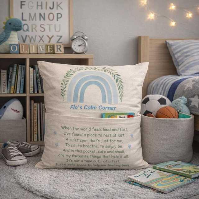 Personalised Blue Rainbow Sen Reading Pocket Cushion, Personalized Kids Gift , Story Book Cushion - image 1
