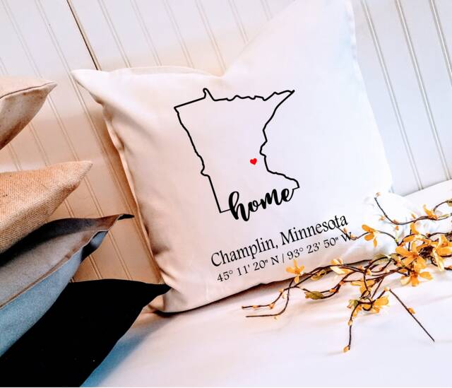 Custom Minnesota Coordinates Pillow Cover With City Name, Choose Your Colors, Farmhouse Style, Housewarming Hostess Realtor Gift - image 1