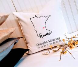 Custom Minnesota Coordinates Pillow Cover With City Name, Choose Your Colors, Farmhouse Style, Housewarming Hostess Realtor Gift - thumbnail 1