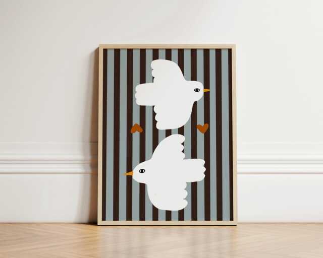 Whimsical Doves Print, Nursery Wall Art Cute Bird Illustration, Scandinavian Baby Room Decor, Love Birds Poster, Kids Room, Unframed - image 1