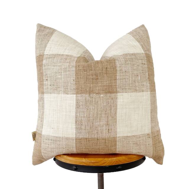 Tan & Cream Check Pillow Cover Linen Blend Windowpanes - image 1