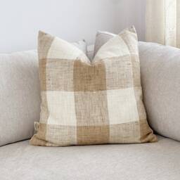 Tan & Cream Check Pillow Cover Linen Blend Windowpanes - thumbnail 4