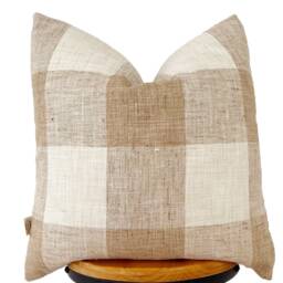 Tan & Cream Check Pillow Cover Linen Blend Windowpanes - thumbnail 2