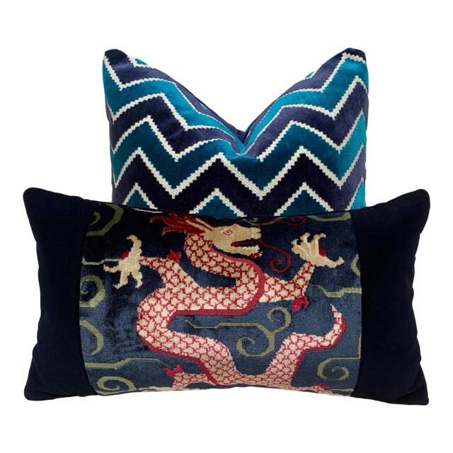 Schumacher Bixi Velvet Lumbar Pillow, Dark Navy. Decorative Pillow. Designer Pillows, Accent Cushion Cover, Decorative Pillow