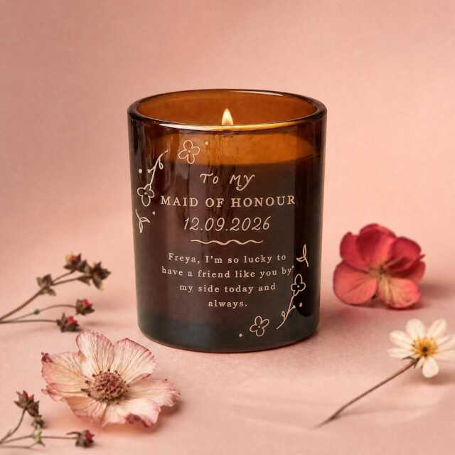 Personalised Maid Of Honour Gift Glow Through Scented Soy Wax Amber Glass Candle - image 1