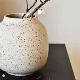 Handmade Beige Speckled Korean Moon Jar Vase Minimalist Rustic Ceramic Pottery, Moribana Ikebana Vase - thumbnail 2