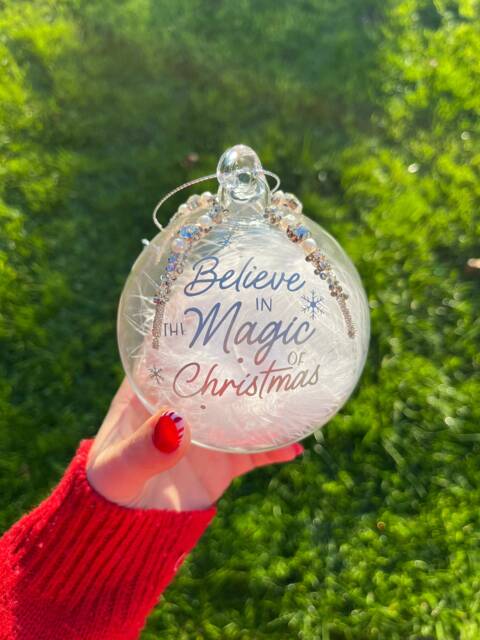 Feather Filled Glass Christmas Bauble Silver Message Tree Decoration - image 1