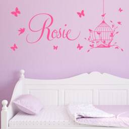 Personalized Bird Cage Wall Decal Butterfly Vinyl Sticker, Girls Room Decor - thumbnail 1