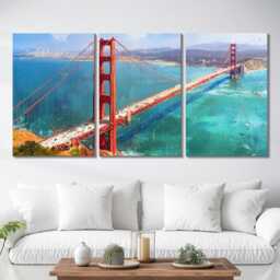 San Francisco Golden Gate Bridge 3 Panel Split Canvas Wall Art Fog California Oil Painting Framed Home Decor Usa Travel Gift - thumbnail 3
