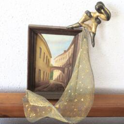 Modern 3D Art Deco Polymer Clay & Metal Mesh Sculpture Lady L On Vintage Oil Painting Lithuanian Artist Vilnius Stiklu 1960's Mixed Media - thumbnail 4