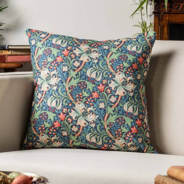 William Morris Golden Lily Cushion in Sapphire Blue. Vintage Arts & Crafts Style Botanical & Floral Print. 17x17 - image 1
