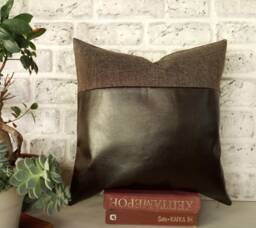 Dark Brown Faux Leather Pillow Cover Two-Tone Fabric Accent - 16x16'' - thumbnail 1