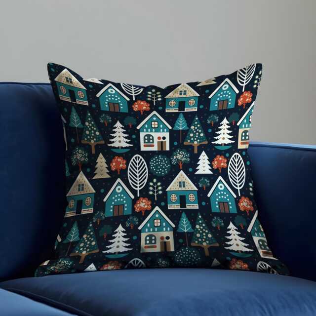 Scandinavian Winter Village Cushion Cover, Nordic Houses & Trees Throw Pillow Case On Dark Blue, Cozy Christmas Decor For Sofa Or Bed - image 1