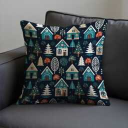 Scandinavian Winter Village Cushion Cover, Nordic Houses & Trees Throw Pillow Case On Dark Blue, Cozy Christmas Decor For Sofa Or Bed - thumbnail 2
