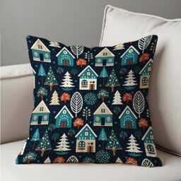 Scandinavian Winter Village Cushion Cover, Nordic Houses & Trees Throw Pillow Case On Dark Blue, Cozy Christmas Decor For Sofa Or Bed - thumbnail 4