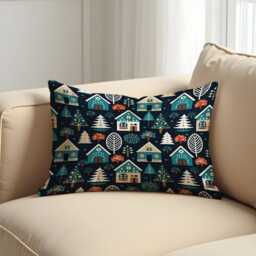 Scandinavian Winter Village Cushion Cover, Nordic Houses & Trees Throw Pillow Case On Dark Blue, Cozy Christmas Decor For Sofa Or Bed - thumbnail 3